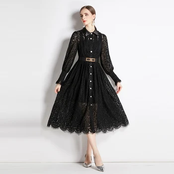 Primăvara Femei Dantelă rochie camasa cu curea Negru de Mari dimensiuni Felinar maneca Maxi Rochie 2023 Haine de Vară Streetwear INKEO 2D164 Imagine 1