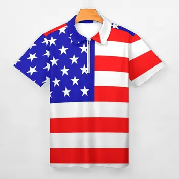 Steagul American Tricouri Polo Alb Patriotic Stele De Imprimare Tricou Casual De Zi Cu Zi Trend Cu Fermoar T-Shirt Cu Maneci Scurte Supradimensionat Îmbrăcăminte Imagine 1