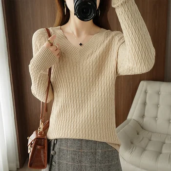 Toamna și iarna nou stil v-gât pulover pulover pulover vrac pulover gros femei culoare solidă Imagine 1