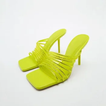 TRAF Femeie Sandale cu Toc 2022 Noi Deget de la picior Pătrat Bling Tocuri Papuci de casă Moda de Vara Sandale Tocuri cui Pompe de Pantofi Femei Imagine 1