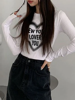 Weekeep Alb de Bază Crop Top cu Maneci Lungi Skinny Casual T-shirt Harajuku Scrisoare de Imprimare Inima y2k Tricou Femei Haine Tee Estetice Imagine 1