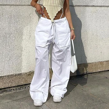 WeiYao Alb De Bumbac Largi Picior Pantaloni Femei Cordon Talie Joasa Hippie Pantaloni Largi Coreeană De Moda Streetwear Utilaje Imagine 1