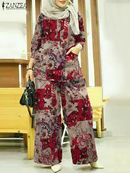 ZANZEA 2022 Elegant Abaya Seturi de Potrivire Femeile Musulmane Seturi Puff Maneca Bluze Imprimate Pantaloni Largi Picior de sex Feminin Floral Treninguri Imagine 1