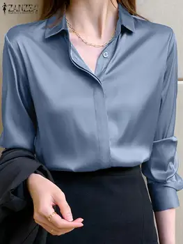 ZANZEA Satin Elegant, cu Maneca Lunga Bluze Femei 2022 Epocă de Lucru OL Tricou Casual Pierde Butonul Femeie Tricouri Doamna Toamna Topuri Imagine 1