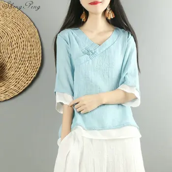 2019 Nou Haine Tradițională Chineză Topuri De Femei Bluze Lenjerie De Pat Buton De Cămașă Oriental Feminin Cheongsam Sus China Îmbrăcăminte G153 Imagine 2