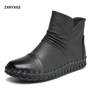 2022 Faimosul New Elegant De Cusut De Mână De Sus Piele De Vacă Din Piele Cizme Femei Pantofi Plat Cald Cizme De Iarna De Moda Pantofi Pentru Femeie Cizme Glezna Imagine 2
