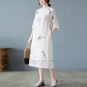 2022 orientală chineză qipao rochie tradițională lenjerie de pat din bumbac rochie qipao femei floare de imprimare cheongsam rochie retro de dans popular rochie Imagine 2
