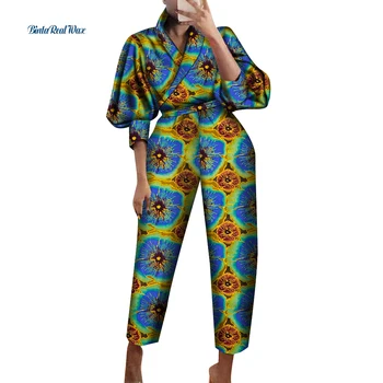 Africa de Haine pentru Femei Top si Pantaloni Seturi Bazin Riche Bumbac Felinar Mâneci Tricouri 2 Bucati Femeile Africane Pantaloni Haine WY914 Imagine 2