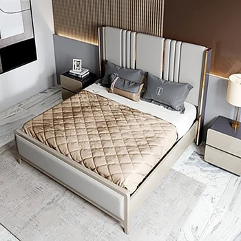 American lumina lux, pat dublu Italian din piele moale pachet de 1,8 m din lemn masiv, pat model proprietar dormitor net red pat de nuntă Imagine 2