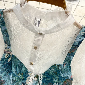 Banulin Pista de Toamnă 3 Piece Set pentru Femei Plasă de Broderie Bluze + Crop Top Vesta + Print Floral Jacquard Fusta Mini Costum Imagine 2