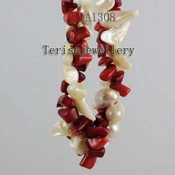 Baroc, Colier de Perle 2Rows Alb Perle de apă Dulce Roșu Coral Colier Handmade Bijuterii de Moda Perfect Lady Cadou Imagine 2