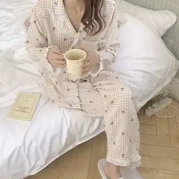 Carouri Pijama Seturi Pentru Femei Kawaii Japonia Stil Dulce De Primăvară De Mujer Butonul De Proiectare Maneca Lunga Fete De Moda Moale Sleepwear Lounge-Uri Imagine 2