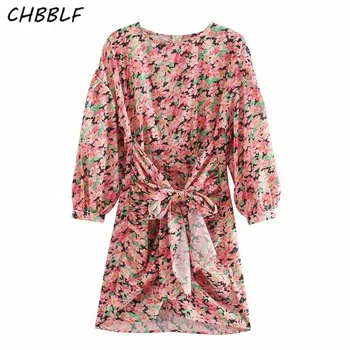 CHBBLF femei retro imprimare florale rochie mini papion maneca trei sferturi fermoar spate feminin rochii elegante vestidos mujer O9562 Imagine 2