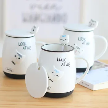 Drăguț cana ceramica coreean creative cupa personalitate cuplu cafea cu lapte de mare capacitate simplu cana cu capac lingura Imagine 2