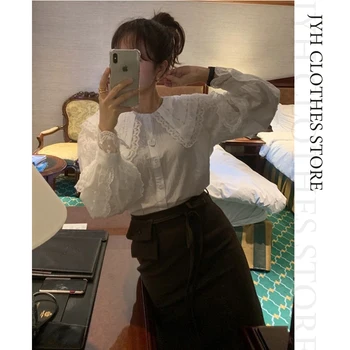 Femei Drăguț Peter Pan Guler, Cusaturi Dantelă Bluză Casual Papusa Guler Tricouri Manșon De Puf Alb Camasa Liber Coreean Topuri Chic Imagine 2
