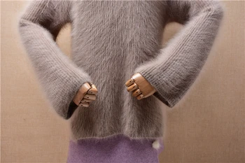 femei toamna iarna cald gros și păros nurca cașmir tricotate o-gat lung flare mâneci pulover vrac jumper pulover trage de sus Imagine 2