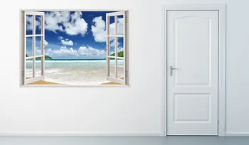 Frumoasa plajă decalcomanii de perete fereastra 3D, plaja perete decal, colorate sunny beach cer acoperit de nori vinil autocolant perete, pictura murala cer nori mur Imagine 2