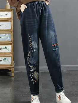Iarna Coreea Moda Punk Streetwear Femei Haine Imprimate Albastru Cald Blugi Vintage Denim Pantaloni De Blană, Pantaloni Harem Pantaloni Imagine 2