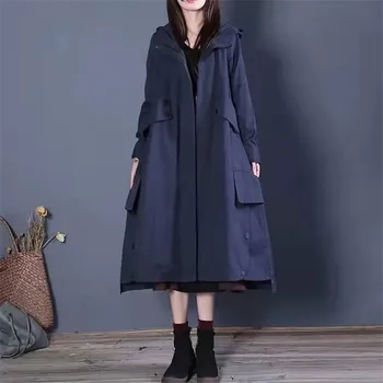 Leneș Stil Liber Palton Casual Solid Vintage cu Gluga Mid-lungime Șanț Jacheta de Moda pentru Femei Jacheta Buzunar Maneca Lunga Imagine 2