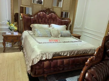 Ma mobilier American pat dublu 1,8 m din piele sculptate pat Europene dormitor cu pat suite set complet de mobilier Imagine 2