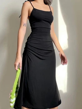 Moda Strappy Ruched Rochie Neagră Sexy Neregulate Elegante Cu Spatele Gol Rochie Lunga Petrecere Rochii De Vara Femei 2022 Haine Imagine 2
