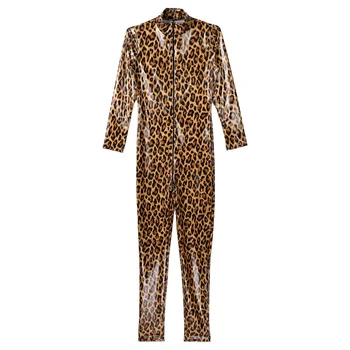 Noua Sexy Leopard de Imprimare Salopete Wetlook Faux din Piele Catsuit din PVC Latex Bodysuit Clubwear Fetish Erotic Fierbinte Dans Pol Costum Imagine 2