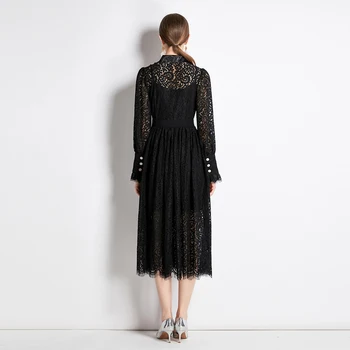 Primăvara Femei Dantelă rochie camasa cu curea Negru de Mari dimensiuni Felinar maneca Maxi Rochie 2023 Haine de Vară Streetwear INKEO 2D164 Imagine 2