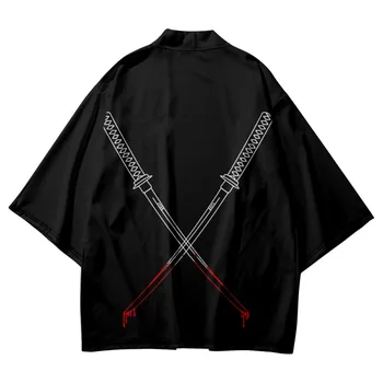 Samurai Cuțit Tipărite Negru Kimono Japonez Pantaloni Scurți De Plajă Harajuku Cardigan Două Femei Barbati Casual Liber Streetwear Yukata Imagine 2
