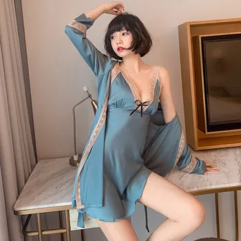 Sexy Deux-Pieces Set Halat Femei De Primăvară Kimono-Halat De Baie Pijamale De Satin, Camasa De Noapte, Halat De Baie Cu Sutien Lenjerie Intima Haine De Acasă Imagine 2