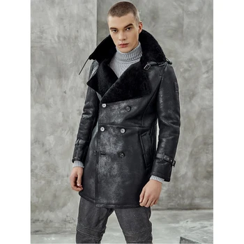 Shearling Jacket Mens Mult Stil Geaca De Piele Barbati De Iarna Paltoane De Blană Sacou Stil Militar Trench Negru Imagine 2