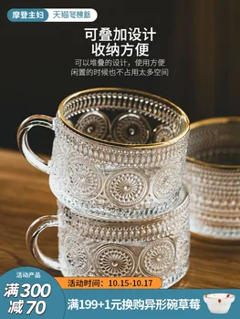 Sticlă Ceașcă de Cafea Relief Transparent din Gresie ceramică Rezistentă la Căldură Cupe de Sticlă cu Mâner mic Dejun Creativ Cana Nordic Taza De Cafenea Imagine 2