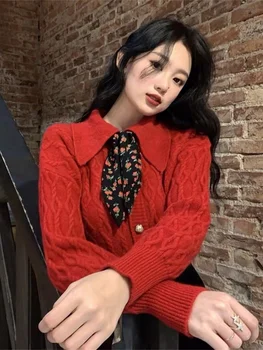 stil coreean roșu topuri tricotate scurte de Toamna Iarna pentru Femei Inner Bottom Tricou Papusa Guler Cardigan Haine Pulover de Crăciun Imagine 2