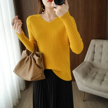 Toamna și iarna nou stil v-gât pulover pulover pulover vrac pulover gros femei culoare solidă Imagine 2