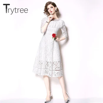 Trytree de Vară 2020 femei Casual Rochie de Dantelă Florale rochii Jumătate maneca O-Gât O-Linie Genunchi Lungime Mătăsos Alb Rochie din Poliester Imagine 2