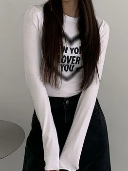 Weekeep Alb de Bază Crop Top cu Maneci Lungi Skinny Casual T-shirt Harajuku Scrisoare de Imprimare Inima y2k Tricou Femei Haine Tee Estetice Imagine 2
