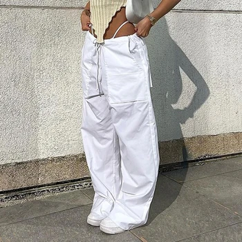 WeiYao Alb De Bumbac Largi Picior Pantaloni Femei Cordon Talie Joasa Hippie Pantaloni Largi Coreeană De Moda Streetwear Utilaje Imagine 2