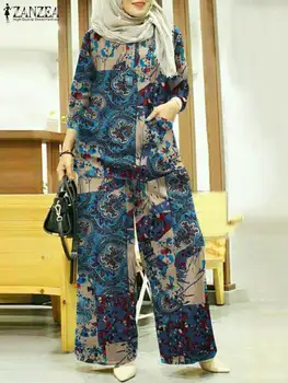 ZANZEA 2022 Elegant Abaya Seturi de Potrivire Femeile Musulmane Seturi Puff Maneca Bluze Imprimate Pantaloni Largi Picior de sex Feminin Floral Treninguri Imagine 2