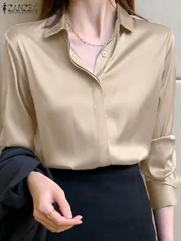 ZANZEA Satin Elegant, cu Maneca Lunga Bluze Femei 2022 Epocă de Lucru OL Tricou Casual Pierde Butonul Femeie Tricouri Doamna Toamna Topuri Imagine 2