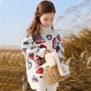 2021 Noua Toamna Iarna Pentru Copii Fete Cald Gros Genunchi-Lungime Rochie Model De Imprimare Guler Maneca Lunga Pulover Tricotate Rochii X07 Imagine 3
