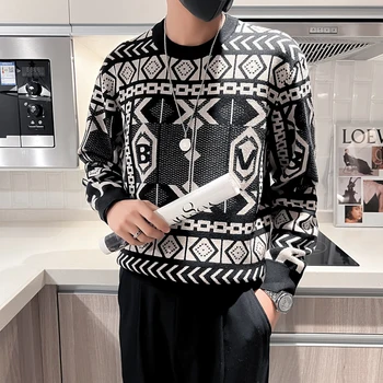 2022 Epocă Pulover Tricotat Barbati Cu Maneci Lungi Rotunde Gât Pulovere Tricotate Slim Fit Casual Sociale Tricotaje Bluze Bărbați Îmbrăcăminte Imagine 3