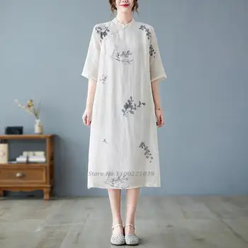 2022 orientală chineză qipao rochie tradițională lenjerie de pat din bumbac rochie qipao femei floare de imprimare cheongsam rochie retro de dans popular rochie Imagine 3