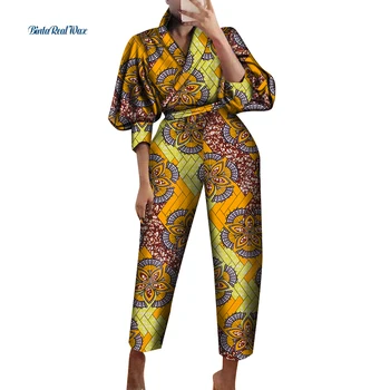 Africa de Haine pentru Femei Top si Pantaloni Seturi Bazin Riche Bumbac Felinar Mâneci Tricouri 2 Bucati Femeile Africane Pantaloni Haine WY914 Imagine 3