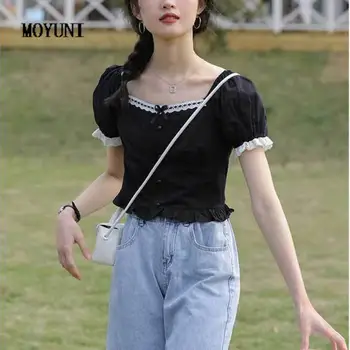Alb Casual, Bluze Elegante Pentru Femei De Vară 2021 Slim Designer De Stil Coreean Dulce Top Negru Bubble Sleeve High Street Tricouri Plaja Imagine 3