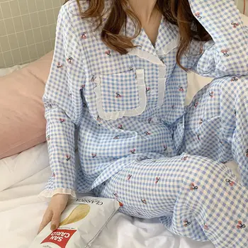 Carouri Pijama Seturi Pentru Femei Kawaii Japonia Stil Dulce De Primăvară De Mujer Butonul De Proiectare Maneca Lunga Fete De Moda Moale Sleepwear Lounge-Uri Imagine 3