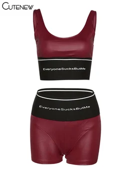Cutenew Negru Solid Scrisoare De Imprimare De Două Seturi De Piese Femeile Betelie Culturilor Topuri+Fitness Stretch Pantaloni Scurți De Potrivire Doamna Casual Streetwear Imagine 3