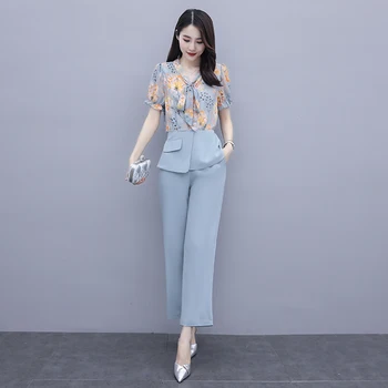 De Vară 2020 Femei Din Două Piese Set Elegant Floare De Imprimare Maneca Scurta Bluza Costume Pantaloni Largi Picior Pantaloni De Costum Imagine 3
