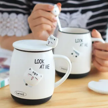 Drăguț cana ceramica coreean creative cupa personalitate cuplu cafea cu lapte de mare capacitate simplu cana cu capac lingura Imagine 3