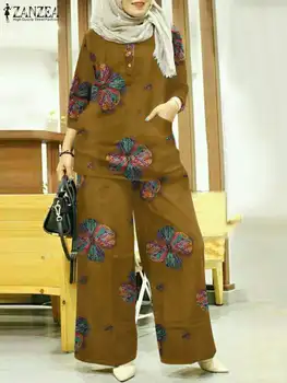 Elegant Tipărite Trening Femei Musulmane Costume ZANZEA Casual Maneca 3/4 Bluze Florale Pantaloni de Potrivire Seturi de Costume Supradimensionate 2 BUC Imagine 3