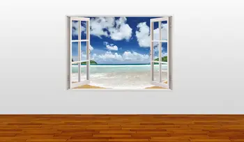 Frumoasa plajă decalcomanii de perete fereastra 3D, plaja perete decal, colorate sunny beach cer acoperit de nori vinil autocolant perete, pictura murala cer nori mur Imagine 3