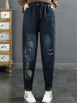 Iarna Coreea Moda Punk Streetwear Femei Haine Imprimate Albastru Cald Blugi Vintage Denim Pantaloni De Blană, Pantaloni Harem Pantaloni Imagine 3